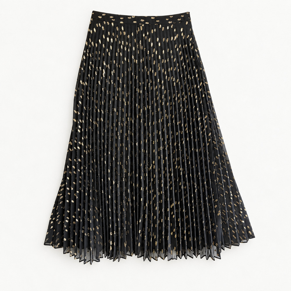 Chico's Black Gold Metallic Pleated Maxi Skirt Holiday Party Size 0 US 4